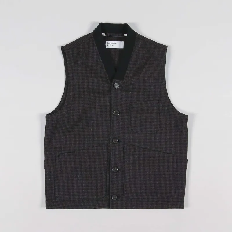 Universal Works Brixton Waistcoat Brown Dogtooth Wool Mix
